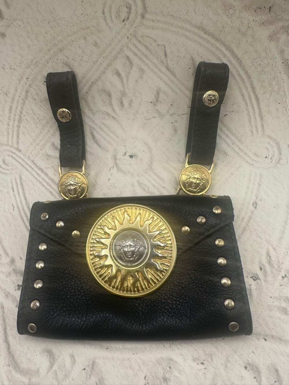 Versace Silver Medusa Gold Medallion Stud Leather Black Belt Bag '94 Archival